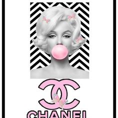 a woman blowing a bubble with the word chanel in front of her face and pink bubbles