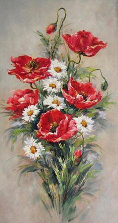 a painting of red and white flowers in a vase