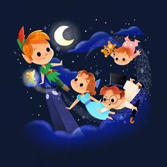 three children are flying in the sky at night