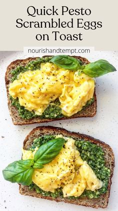 Two slices of toast topped with pesto, scrambled eggs and a garnish of fresh basil. Breakfast Toast Savory, Pesto Toast Breakfast, Pesto Egg Sandwich, Pesto Eggs Breakfast, Eggs With Basil, Spinach Scrambled Eggs, Pesto Breakfast, Healthy Savory Breakfast, Quick Pesto