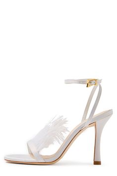 White satin sandal with feather detail on toe strap. - White satin- White feathers- Adjustable strap with gold hardware- Leather sole - 95mm / 3.75in heel height Made in Brazil Alt Wedding, White Azalea, Designer Shoes Heels, Wedding Vibes, White Feathers, Monique Lhuillier, Footwear Design Women, Green Wedding, White Satin