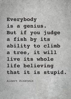 albert einstein's quote about the genius, everybody is a genius but if you judge a fish by its ability to climb a tree, it will live its whole life