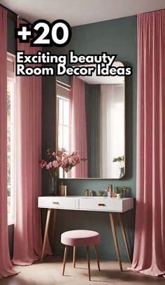 a bathroom with pink curtains and a vanity in front of a mirror that says, 20 exciting beauty room decor ideas