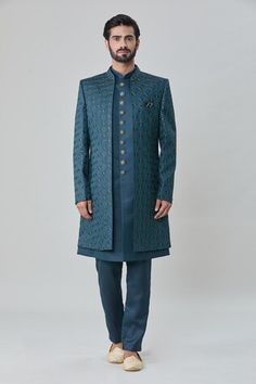 Green sherwani jacket with all over geometric butti embroidery. Paired with an inner sleeveless kurta and aligadhi pant. - Aza Fashions Fitted Ceremonial Outerwear For Eid, Ceremonial Fitted Outerwear For Eid, Fitted Straight Kurta Outerwear For Eid, Winter Straight Kurta Bandhgala, Winter Fitted Straight Kurta Bandhgala, Winter Traditional Wear With Dabka Work Fitted, Winter Traditional Wear With Fitted Dabka Work, Fitted Nehru Jacket For Reception In Winter, Fitted Winter Set With Dupatta