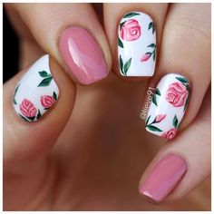 My new nails for today I did a little floral pattern inspired by @tartofraises design I found on Pinterest The pinkish polish used is by @kineticsnailsystems called Spotlight Fail. White one is by @essence_cosmetics and the rest is hand drawn with Liquitex acrylic paint and a bush by @winstonia_store called Rose Noire❤ Nagellack Trends, Different Nail Designs, Floral Nail Designs, New Nail Designs, Nail Design Inspiration, Essence Cosmetics, Latest Nail Art, Super Nails, Pink Nail Designs