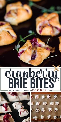 cranberry brie bites on a baking sheet and in the background are images of small pastries