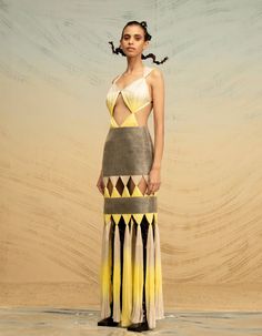 Lurex Glass & Chiffon Dress | NOT JUST A LABEL Chiffon Dress Styles, Diy Runway, Glass Dress, String Dress, Fashion Show Themes, Geometric Fashion, Geometric Dress, Embroidered Midi Dress, Dress Silhouette