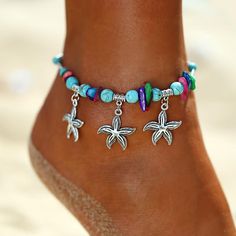 Grab this colorful starfish anklet that you can carry everywhere you go and is ideal for the summer, while at the same time you display your support and love for this unique animal. This is perfect for you, or as a gift for a loved one. Limited stock, get yours before they're gone Product details: Metal: Zinc Alloy Ornaments size: 0.59''x0.59'' Chain included: 8.58''+1.96'' Starfish Anklets, Beaded Starfish, Ankle Jewelry, Anklets Boho, Beach Anklets, Women Anklets, Handmade Sandals, Starfish Pendant, Ocean Jewelry