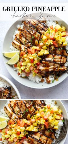 grilled pineapple chicken with rice in a white bowl