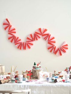 the table is covered with red and white decorations