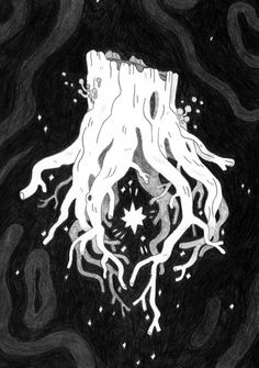 A drawing of a tree stump suspended magically and carrying a star in its roots 동화 삽화, Arte Grunge, Star Nursery, Art Block, 귀여운 동물, Pretty Art, Ink Drawing, Drawing Inspiration