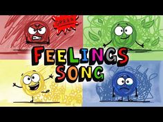 the words feelings song are drawn in different colors and shapes, with cartoon faces on them