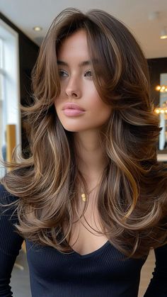 Long Layers Balayage Brunettes, Long Layer Hair Cuts For Women, Haircuts And Their Names, Gold Highlights Dark Brown Hair, Side Bangs Brunette, Airtouch Hair Brown, Hair Brunette, Hot Mom Haircut, Eva Longoria Hair