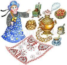 an image of a woman with many items in her hand and on the tablecloth