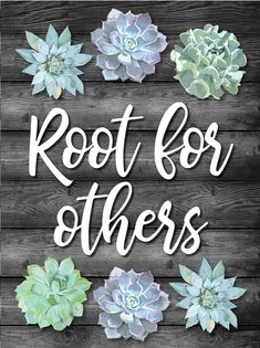 the words root for others surrounded by succulents on a wooden background with white lettering