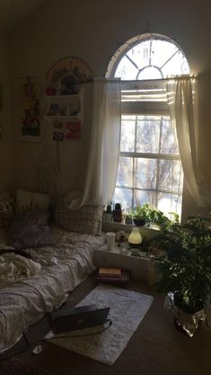 a bed sitting under a window next to a potted plant in front of it