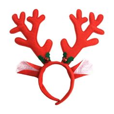 a pair of red reindeer antlers with bells and bows on their headbands