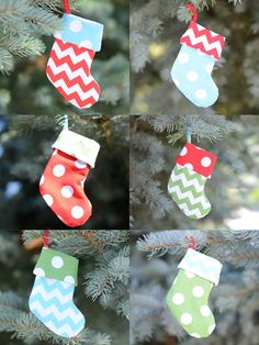 christmas stockings ornament ornaments hanging from a pine tree with polka dots and chevrons