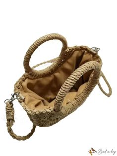 BirdinBag - Summer Beach Crossbody Bag: Half-Round Woven Double Straw, Casual Handbag for Womens Holiday Tropical Style, Summer Holidays, Bag Bag, Summer Holiday, Color Khaki, Polyester Material, Summer Beach, Straw Bag, Satchel