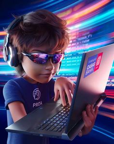 a young boy wearing headphones and using a laptop computer