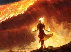 a man standing on top of a rock next to a giant fireball in the air