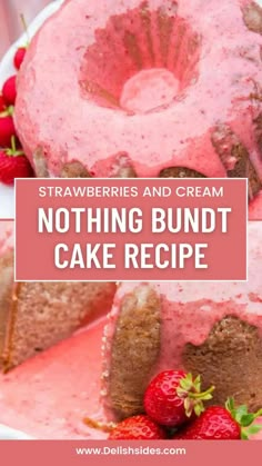 strawberry and cream bundt cake on a plate with strawberries