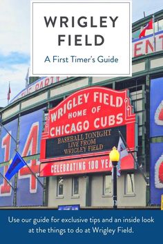 the wrigley field sign with text overlaying it