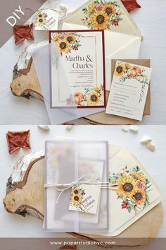 wedding stationery with sunflowers on the front and back