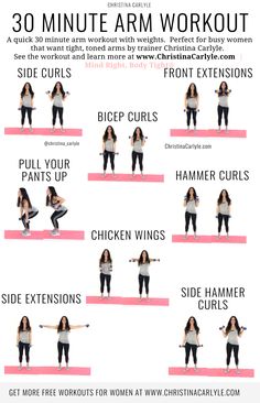 the 30 minute arm workout for women is shown in this poster, which shows how to do