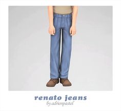 a man wearing blue pants and brown shoes with the words renato jeans on it