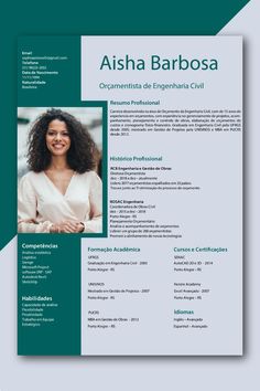 a green and white resume template with an image of a woman in the center on it