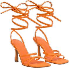 Orange Strappy Heels For Spring, Orange Lace-up Summer Heels, Orange Lace-up Heels For Summer, Wrap Around Heels, White Strappy Heels, Silver Strappy Heels, Orange Heels, Faux Leather Heels, Platform Stilettos