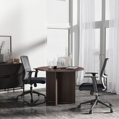 an office with two desks and chairs in front of large windows