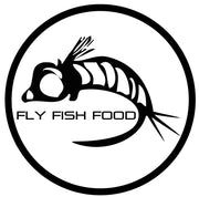 the fly fish food logo is black and white, with an image of a shrimp on it