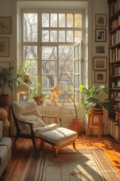 a living room filled with furniture next to a window covered in lots of books and plants