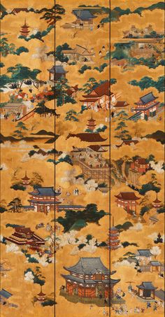 A lively mural design that emulates traditional Japanese folding screens. Featuring an enchanting scene from ancient Japan with intricate details depicting the distinctive pagoda buildings cherry blossom trees and mountains.   Shown here in the golden colourway. Please note the internal repeat is 52cm by 300cm. Supplied as 3 lengths of 3m on a single 52cm wide roll. Japanese Style Wallpaper, Ancient Mural, Japanese Mural, Bar Wallpaper, Floating World, Folding Screens, Japanese Wallpaper, Golden Wallpaper, Ancient Japan