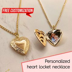 PERSONALIZED GOLD HEART LOCKET NECKLACE WITH PHOTOS AND ENGRAVINGS * Immortalize your unique words and your favorite photos for your loved ones with our Gold Heart Locket Necklace! This personalized locket necklace makes for a special gift for Birthdays, Valentine's Day, Mother's Day, Graduations, Proms, Weddings, Engagements, Bride's Maids, Anniversaries, Memorial Days or any significant occasion. * This is a 24K solid gold plated on stainless steel item with mini heart locket pendant and chain.   Pendant width: 0.78 Inches Pendant height: 0.86 Inches Chain length: 17 Inches (You can specify the chain's length as you want and message me.) HOW TO ORDER * All customizations are free! Engravings and photo insertion services are included to the product's price. * You can attach the photo on E Gold Heart Locket Necklace, Locket Necklace Vintage, Gold Heart Locket, Gold Locket Necklace, Picture Necklace, Heart Locket Necklace, Jewelry Lockets, Gold Locket, Gold Heart Necklace