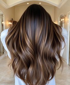 Trendy Chocolate Brown Balayage on Long Layers for Brunettes Dark Long Hair Balayage, Mocha Lowlights, Coffee Balayage, Trending Dark Hair, Chocolate Brown Balayage, Dark Hair Colors, Brunette Shades, Dark Fall Hair Colors, Hair Colors For Brunettes