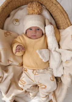 a baby is laying in a basket wearing a hat