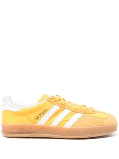 banana yellow/white calf suede front lace-up fastening panelled design contrasting branded heel counter padded ankle logo stamp at side signature 3-Stripes logo logo-embossed tongue round toe removable insole partial lining logo at the sole contrasting rubber sole Yellow Adidas Lace-up Sneakers, Yellow Adidas Sporty Sneakers, Adidas Yellow Leather Sneakers, Yellow Adidas Sneakers Sporty Style, Yellow Leather Adidas Sneakers, Classic Yellow Sneakers With Round Toe, Yellow Leather High-top Sneakers With Vulcanized Sole, Classic Yellow Sneakers With Gum Sole, Classic Yellow Sneakers With Rubber Sole