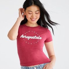 Pink/Red Aeropostale Fitted Girls T Shirt Small Size Orginal Price: $26.95 Brand New/Clean/Great Condition/(No Holes/No Stains/No Pilling/No Fade) This Can Also Fit Very Young Girls! Brand New, Never Worn! Still Has The “S” Sticker In The Front. My Grandmother Got Me This For Christmas And Unfortunately Does Not Understand My Taste In Clothing It Was Folded Neatly In A Gift Box With Two Other Aero Shirts. This Is A Tight Fitted T Shirt That Hugs The Body And Curves. 60% Cotton, 40% Polyester Aer Red Graphic Tee, Fitted T Shirt, Cute Logo, Metallic Embroidery, Aeropostale Shirts, Cap Sleeve Tee, Shirts For Teens, Cool Graphic Tees, Girls T Shirt