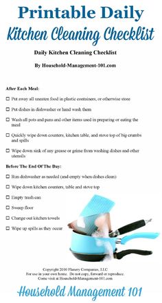 the printable daily kitchen cleaning checklist is in blue and white with black handles