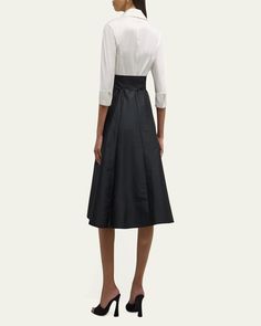 Rickie Freeman for Teri Jon twotone taffeta shirtdress. Spread collar; concealed button front. Threequarter sleeves; button cuffs. Bow accent at waist. Side slip pockets. Aline silhouette. Midi length hem. Polyester. Imported. Elegant Silk Dress With 3/4 Sleeves, Elegant Formal Satin Shirt Dress, Elegant A-line Shirt Dress With Button Cuffs, Formal Long Sleeve Taffeta Dress, Elegant Shirt Dress With Button Cuffs For Casual Wear, Work Dresses With Button Cuffs And 3/4 Sleeves, Elegant Fitted Shirt Dress With 3/4 Sleeve, Elegant Spring Shirt Dress With 3/4 Sleeves, Elegant Shirt Dress With 3/4 Sleeves For Spring