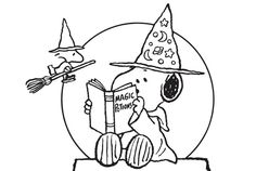 a black and white drawing of a dog reading a book with a witch hat on