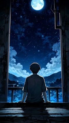 a person sitting in front of a window looking at the night sky and stars above them