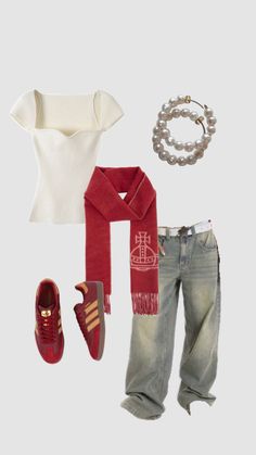 a woman's outfit and accessories including shoes, scarf, bracelets, necklace