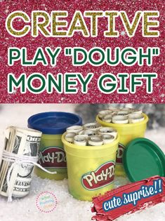 the play dough money gift is on display in front of a red and white background