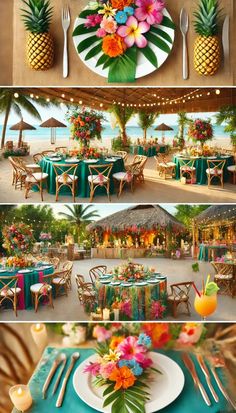 the table is set with tropical flowers and pineapples on it for an outdoor party