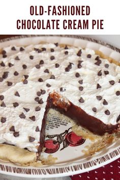 an old - fashioned chocolate cream pie on a plate