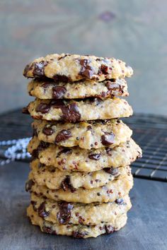 chocolate chip cookies stacked on top of each other